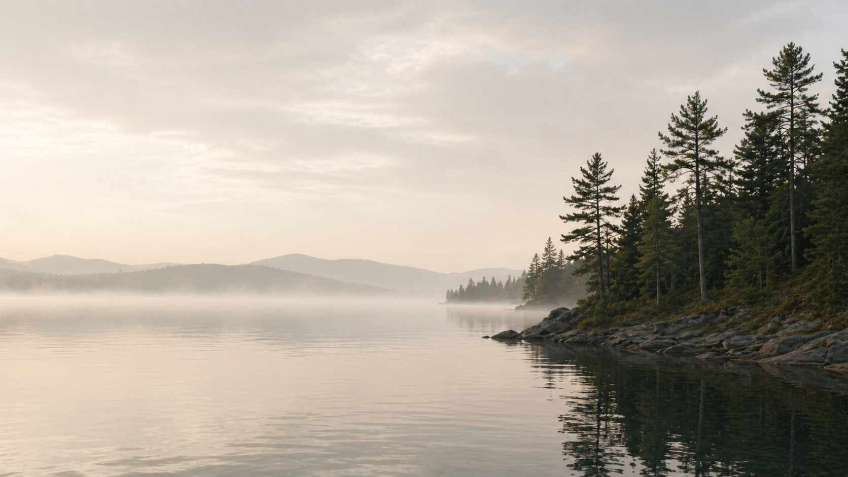 A calm lake with pines and morning haze.